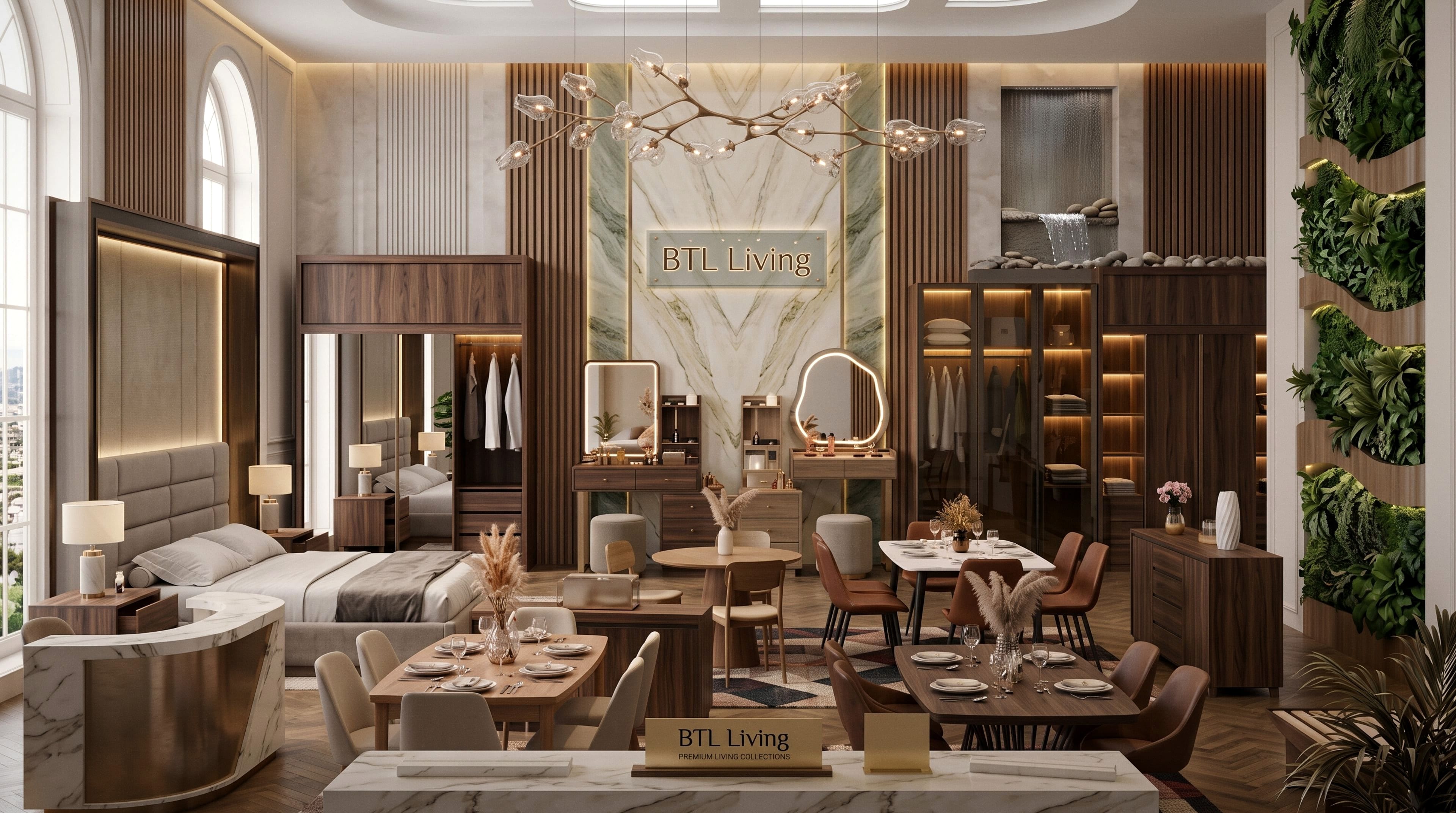Showroom BTL LIVING — chambre, dressing et salle à manger en noyer, Casablanca