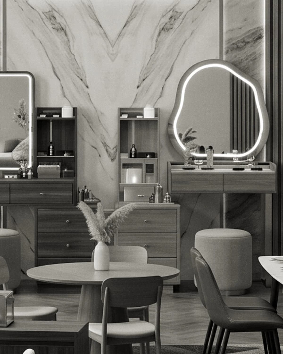 Coiffeuse Majorelle — Miroir organique rétroéclairé, tiroir compartimenté
