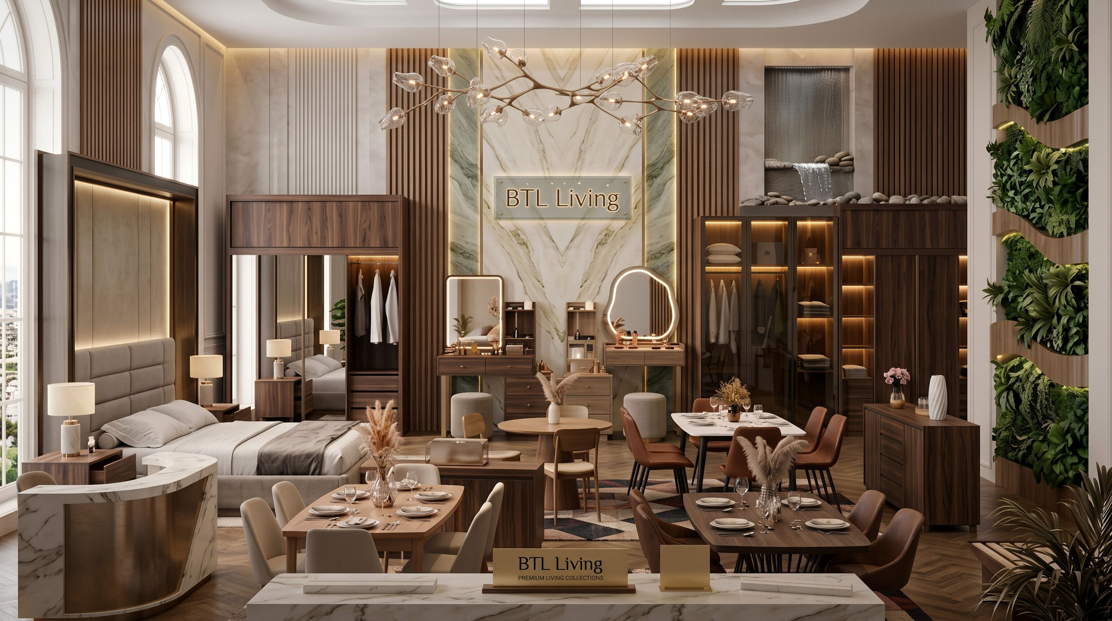 Showroom BTL LIVING — chambre, dressing et salle à manger en noyer, Casablanca